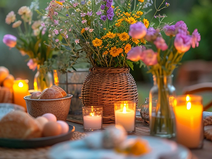 Table à manger éclairée par plusieurs bougies pour une soirée.