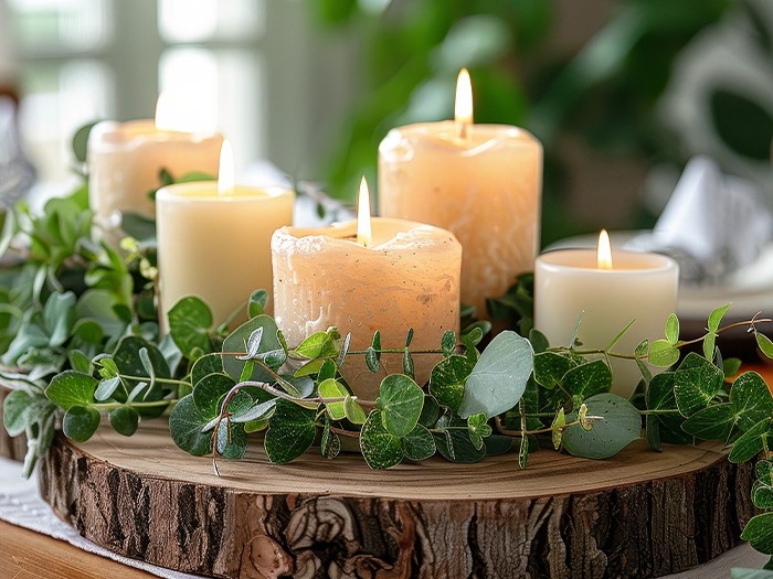 Bougies piliers allumées sur un plateau en bois rustique.