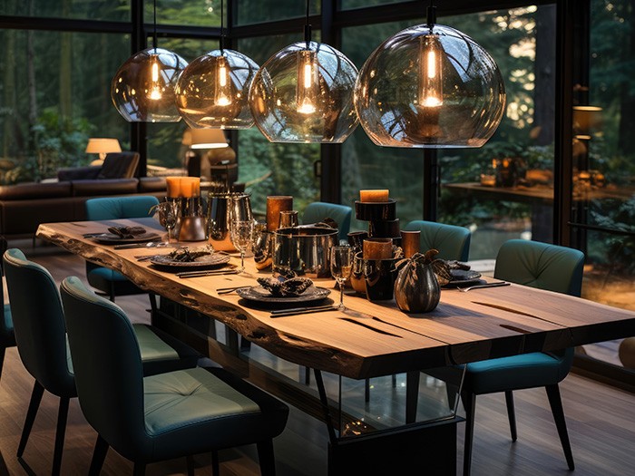 Une table à manger avec des luminaires uniques offrant un éclairage tamisé.