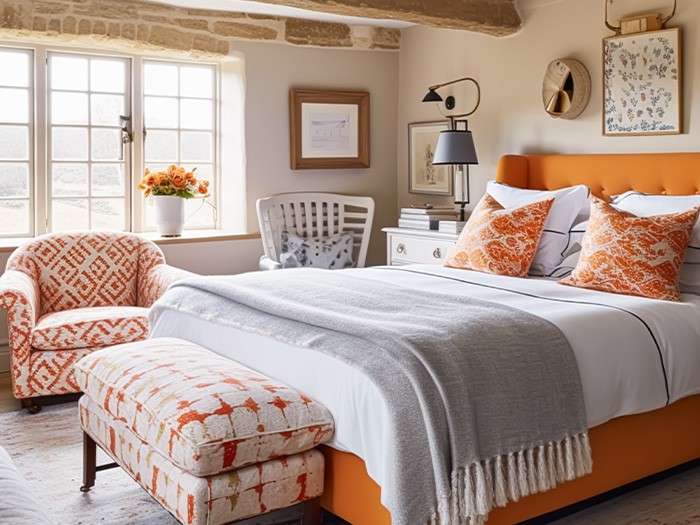 Une chambre à coucher avec un grand lit et des fauteuils d’appoint.