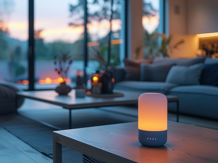 Un haut-parleur Bluetooth sur une table d’appoint.