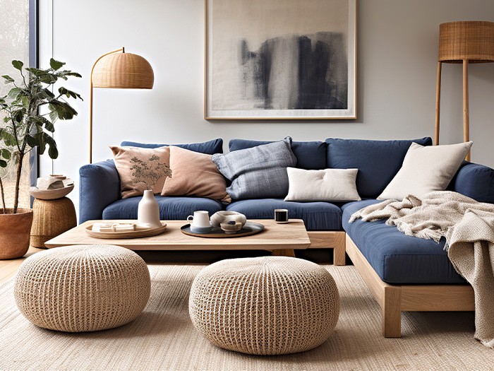 Un salon avec un sofa modulaire, une table basse et deux poufs.