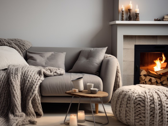 Canapé moderne de couleur beige avec une couverture et des coussins d’appoint à côté d’une cheminée à bois.
