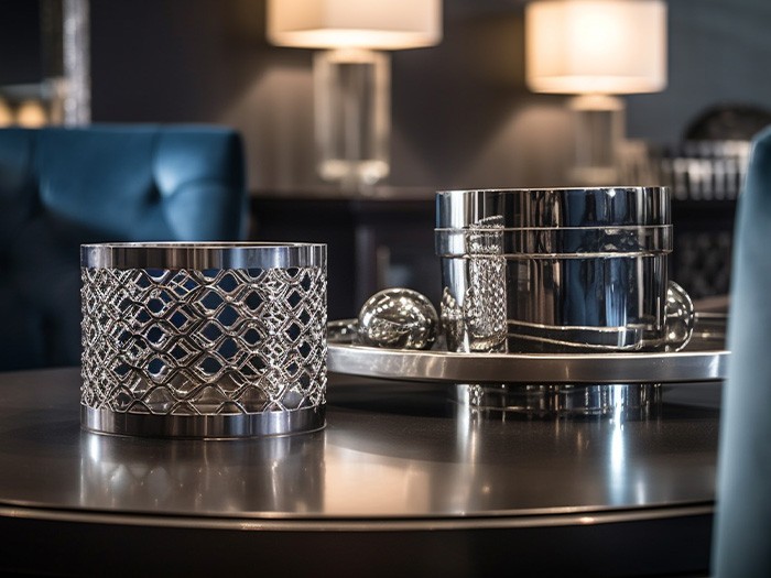 Table basse avec décor chromé.
