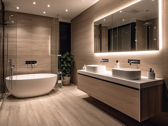 Salle de bains faiblement éclairée avec un éclairage derrière les miroirs et les lavabos.