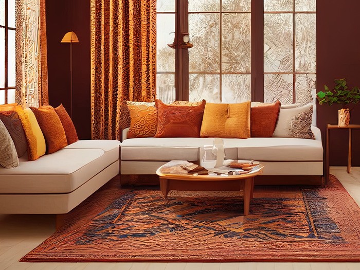 Salon avec draperies, coussins et tapis aux couleurs de l’automne.