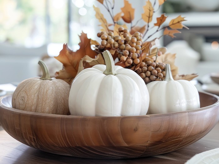 Bol en bois contenant des citrouilles et des feuilles.