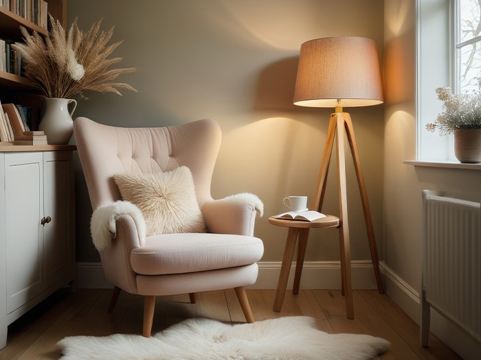 Chaise longue avec table d’appoint et lampe de coin.