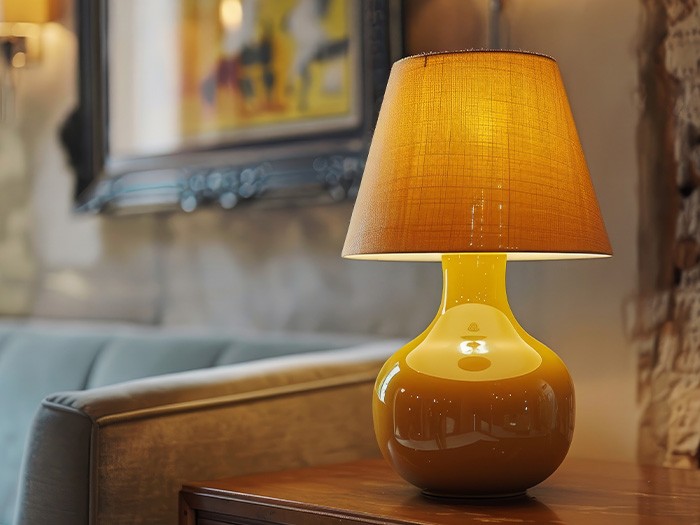 Lampe sur une table d’appoint avec un abat-jour orange.