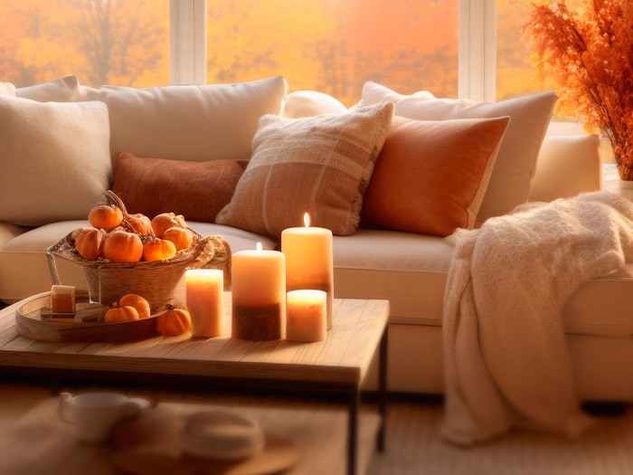Canapé et table basse avec bougies et décorations de citrouilles.