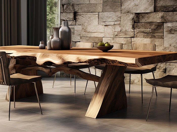 Une table de salle à manger en bois à bords naturels.